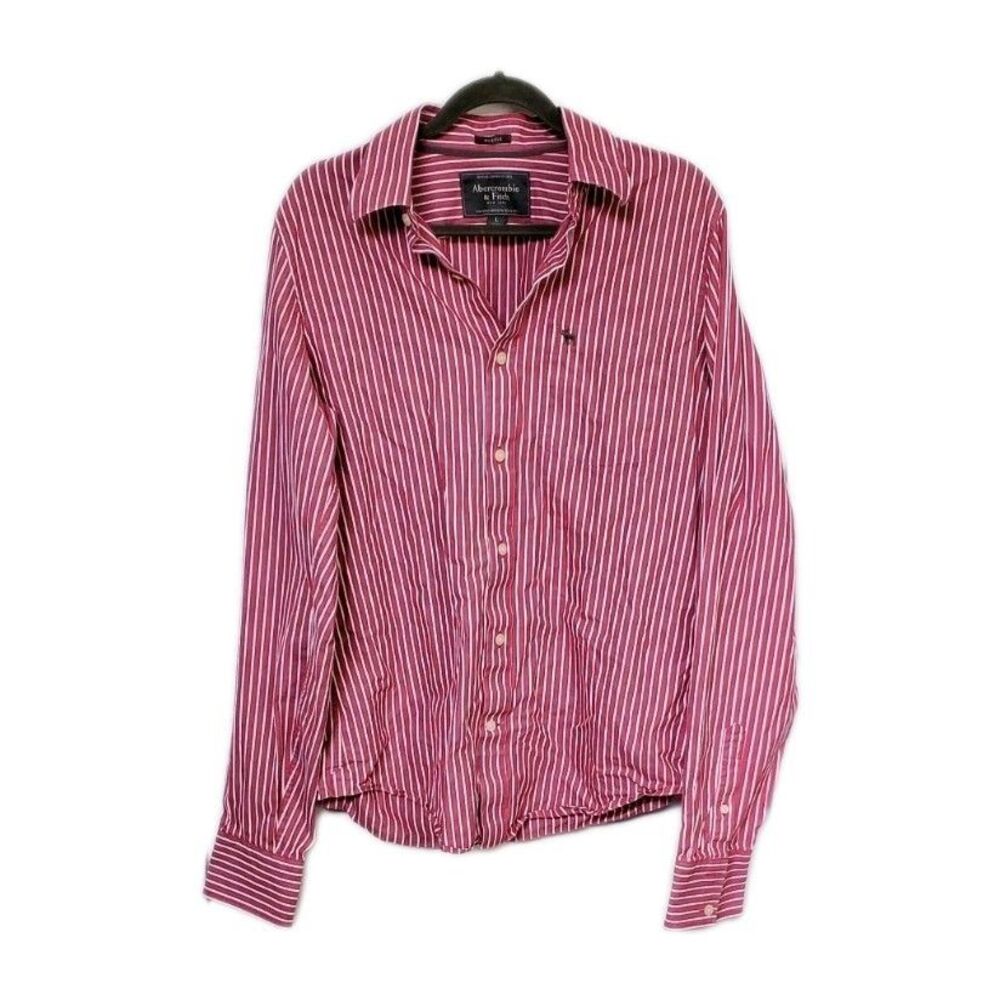Y2K ABERCROMBIE FITCH Large Long Sleeve Deep Pink Pinstripe Muscle Logo Shirt